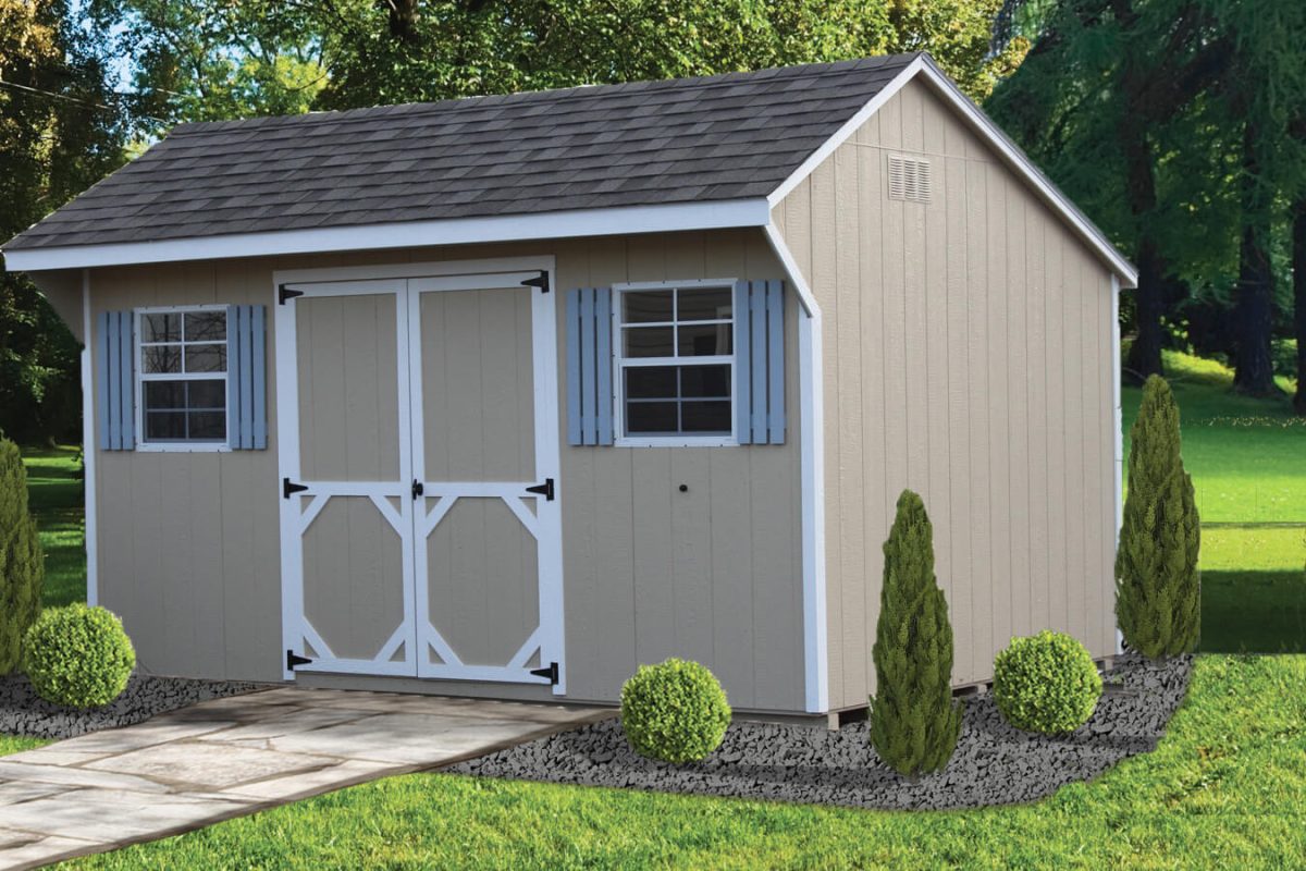 tan and blue smartside shed